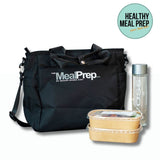 Black meal prep bag with containers and water bottle on white background | Macro Based Diet