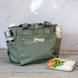 Green meal prep bag with meal container and drinks | Macro Based Diet