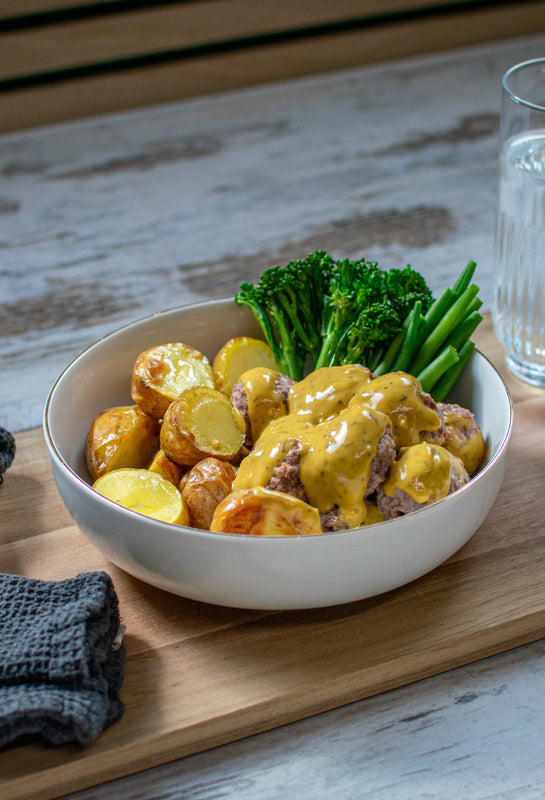 American Meat Balls in a New York Deli Sauce with French Garden Infused Potatoes and Green Veg