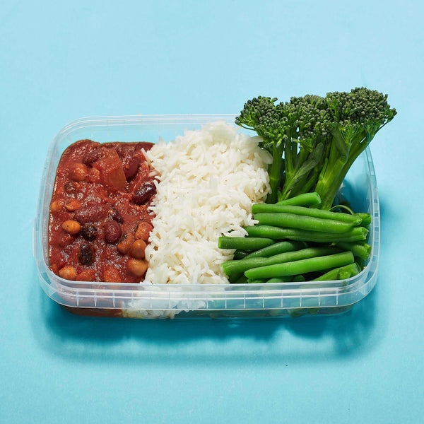 Mexican 5-bean with rice vegan dish, healthy meal prep for weight loss and muscle gain by Macro Based Diet.